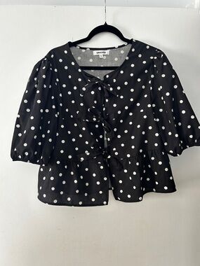 VIGOSS Polka Dot Tie Front Blouse Puff Sleeve Large Cotton Black White Preppy